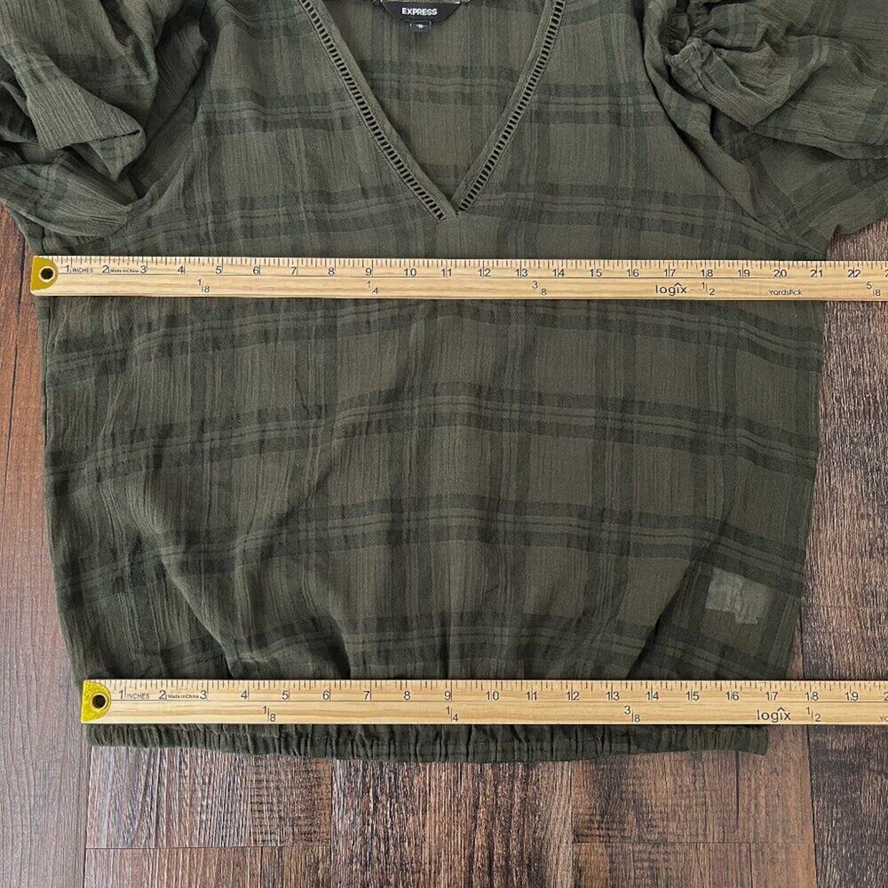 Express V-Neck Blouse Sheer Long Sleeve Relaxed Fit Officewear Size Medium Olive - Picture 10 of 15